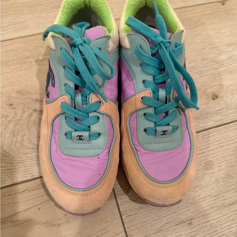 CHANEL Pastel Sneakers with Teal and Purple Accents - Picture 2 of 7